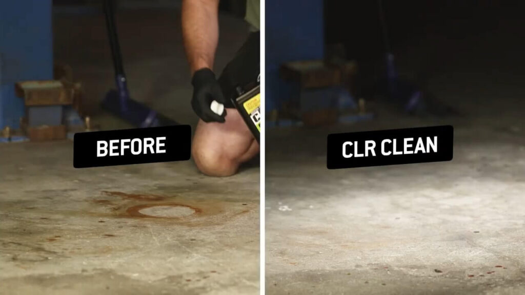 Person using CLR to clean rust on floor before and after photo